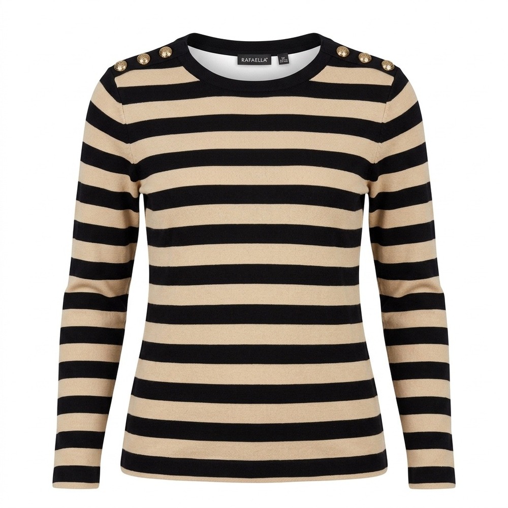 Rafaella‎ Striped Long Sleeve Top Womens XS Black Tan Gold Shoulder Buttons